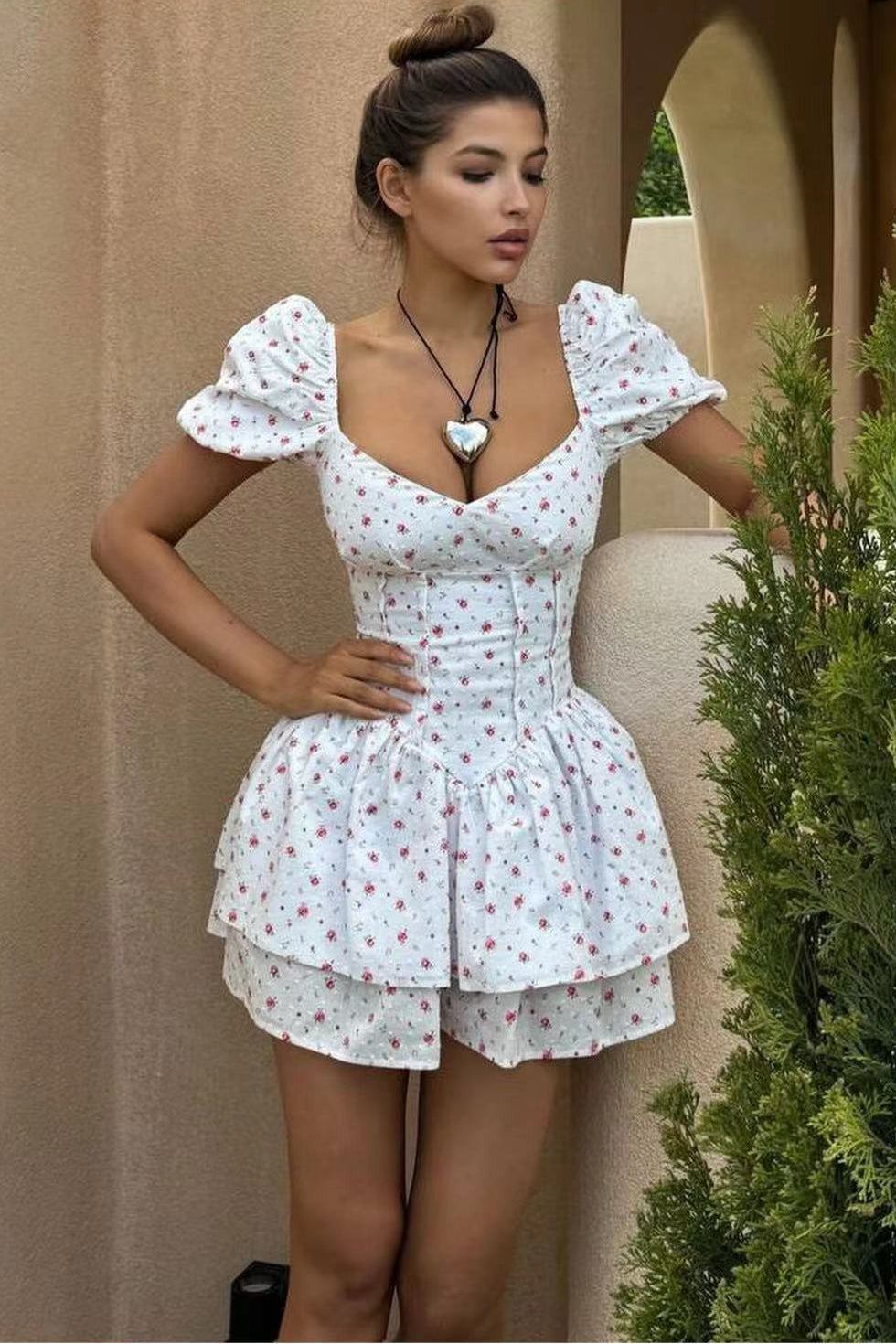 Sweet Tie Waist Ruffle Tier Puff Sleeve Mini Dress image 4