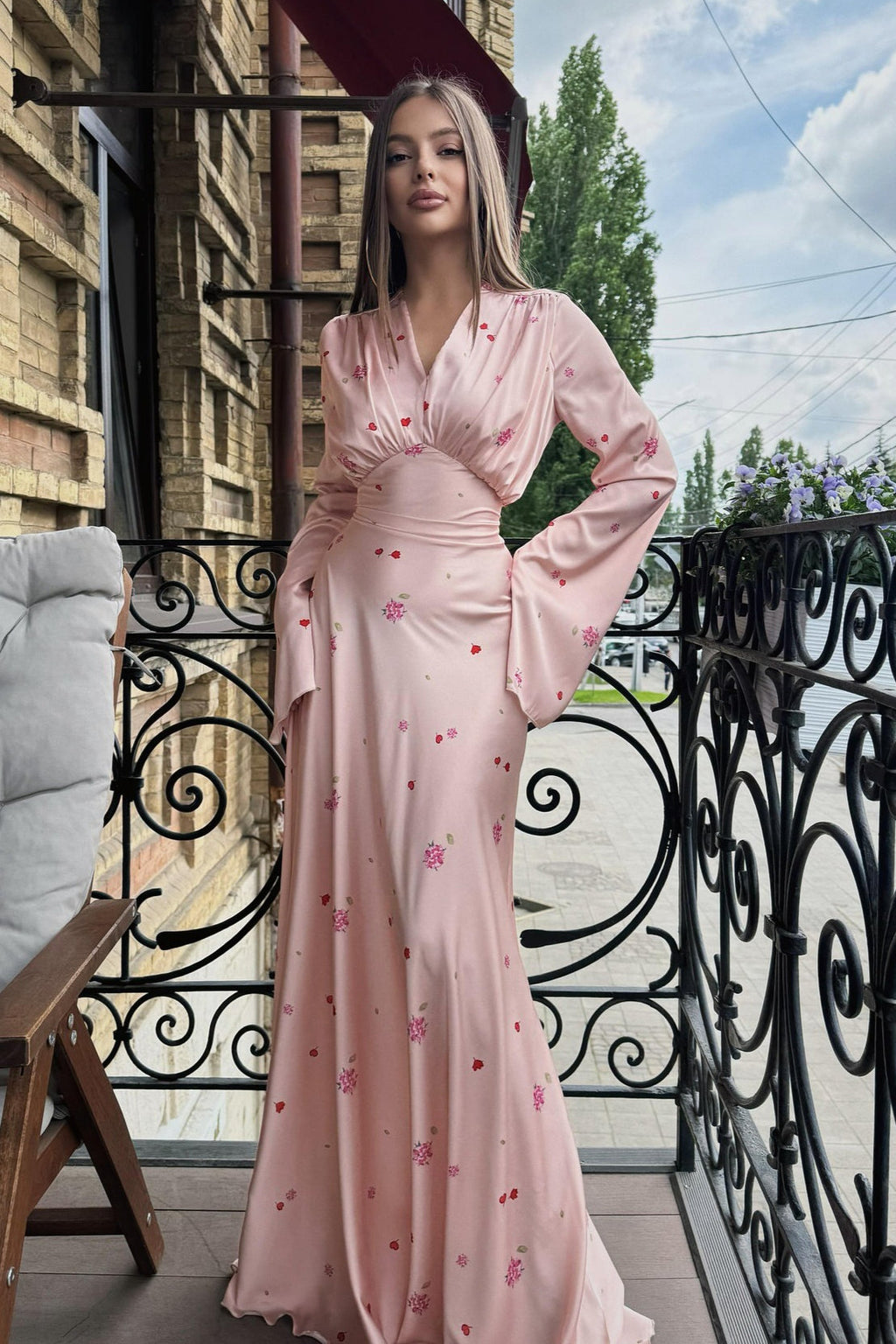Satin Floral V Neck Flared Hem Maxi Dress image 1