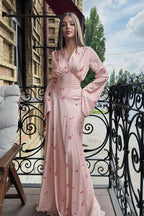 Satin Floral V Neck Flared Hem Maxi Dress image 1