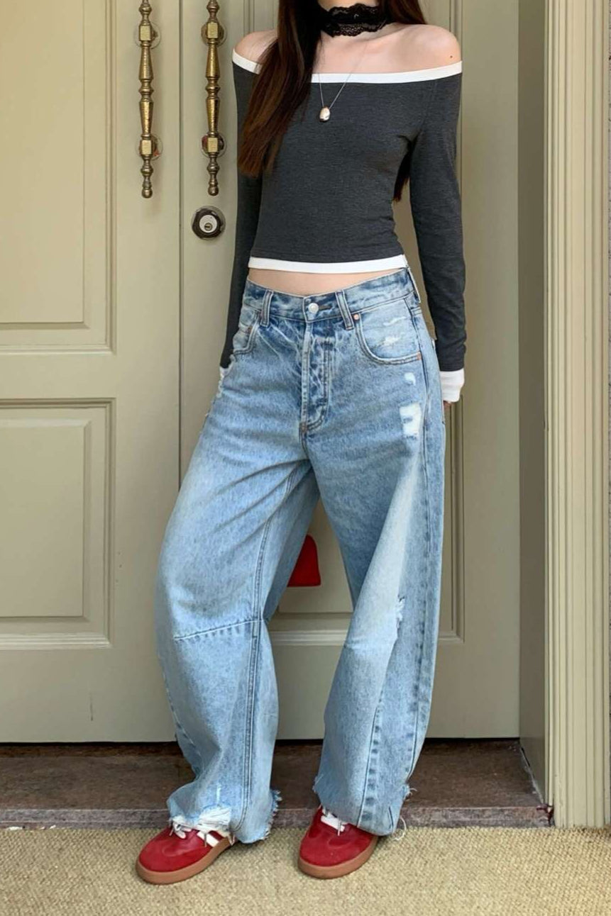 Chic Distressed Curved Wide Leg Vintage Washed Jeans image 1