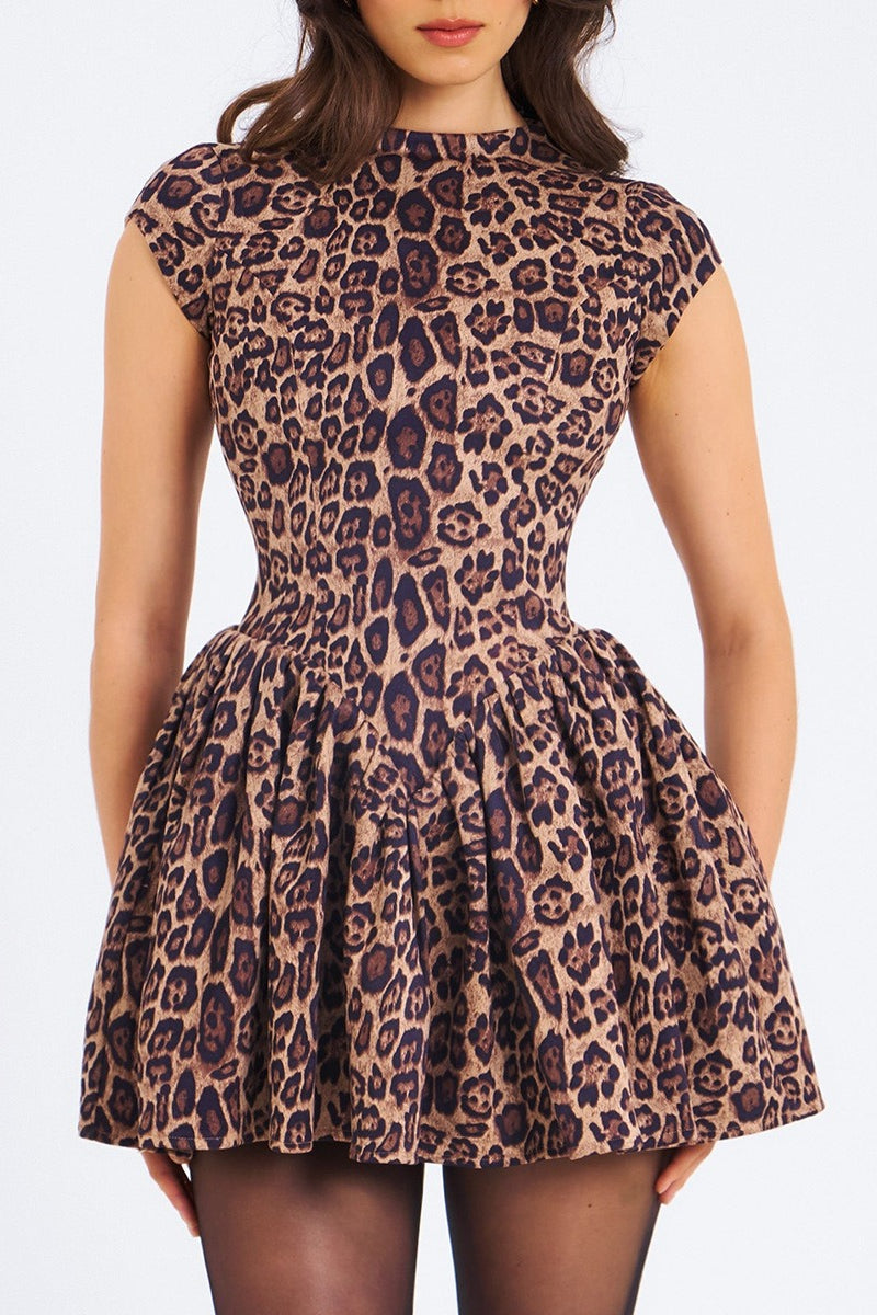 Leopard Print Pleated Backless Bodycon Mini Dress image 3