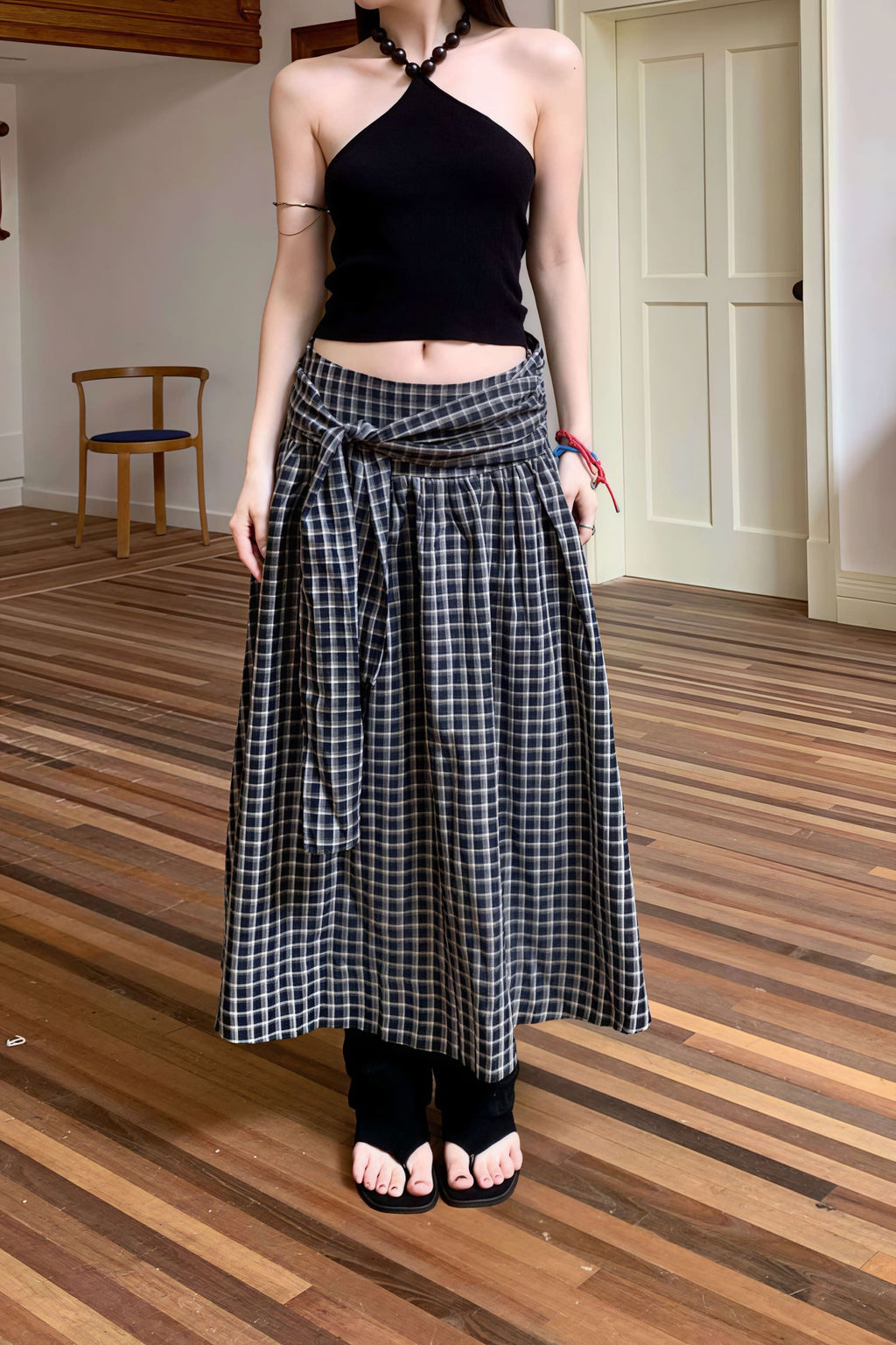 Color Block Plaid Tie Side Zip Loose Skirt image 6