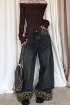 Patchwork Vintage Leopard Cuffed Wide Leg Jeans image 3