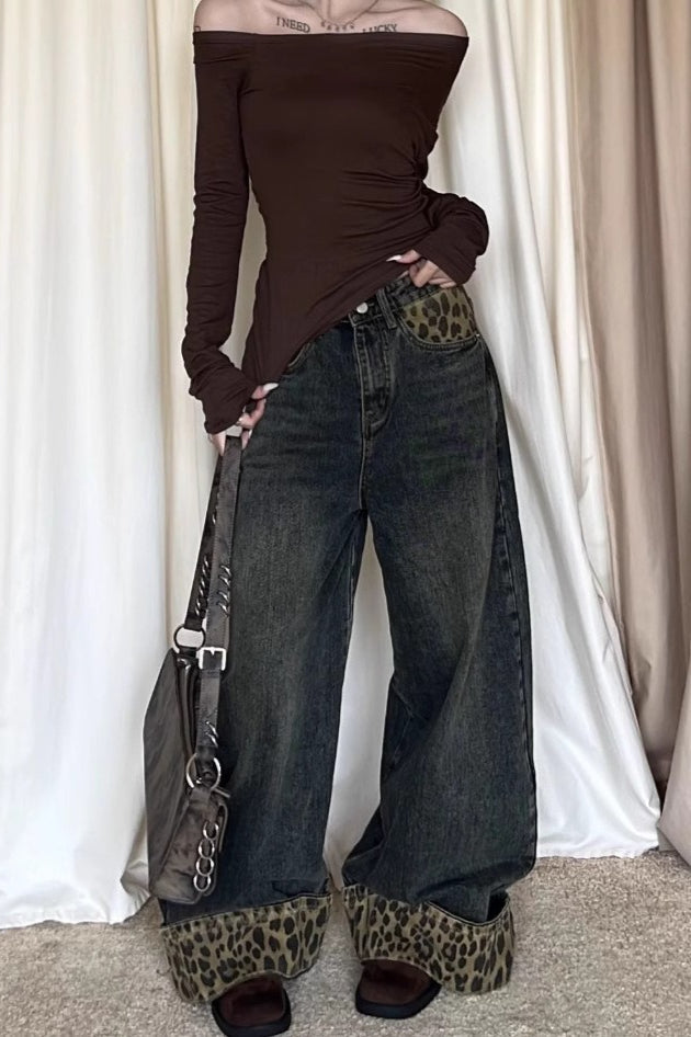 Patchwork Vintage Leopard Cuffed Wide Leg Jeans image 3