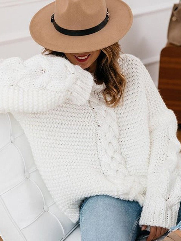 Casual Solid Color V-neck Cable Knit Sweater image 5