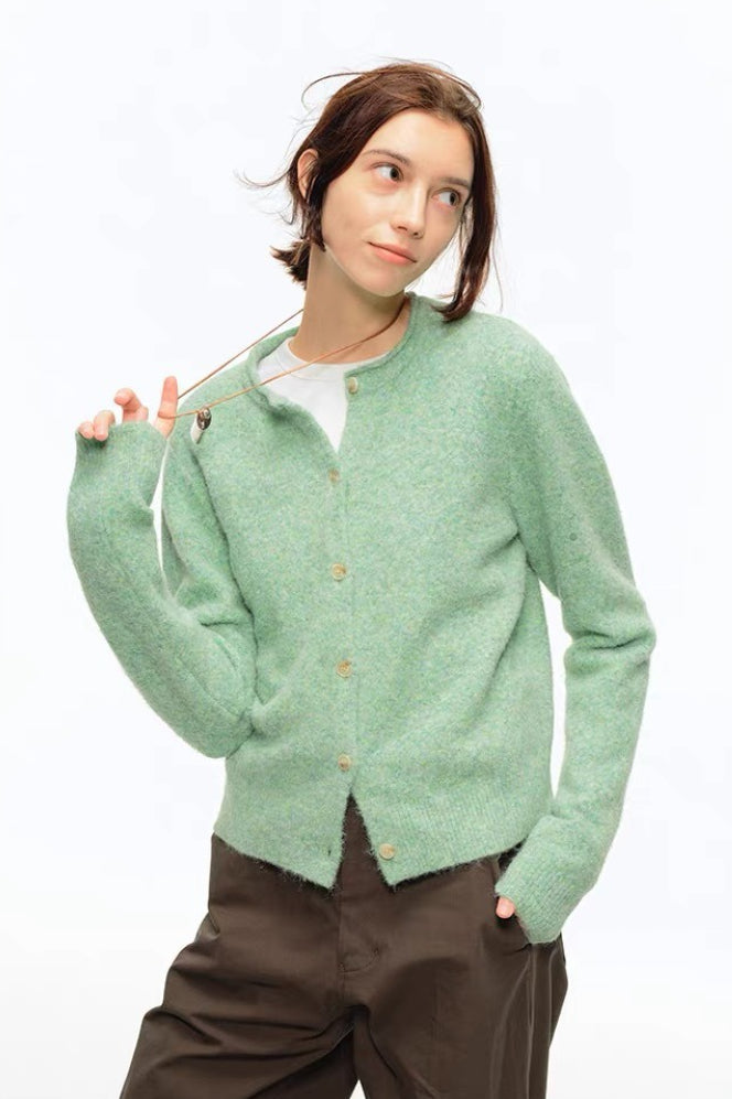 Green Wool Blend Crew Neck Knit Cardigan image 2