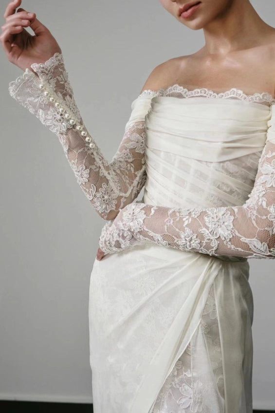 Long Sleeve Lace Off Shoulder Reception Dress image 5