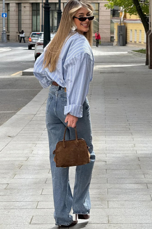 Loose Striped Collared Long Sleeve Blouse image 4