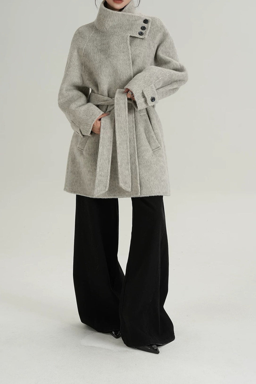 Chic Solid Wool Warm Loose Mock-neck Coat image 9