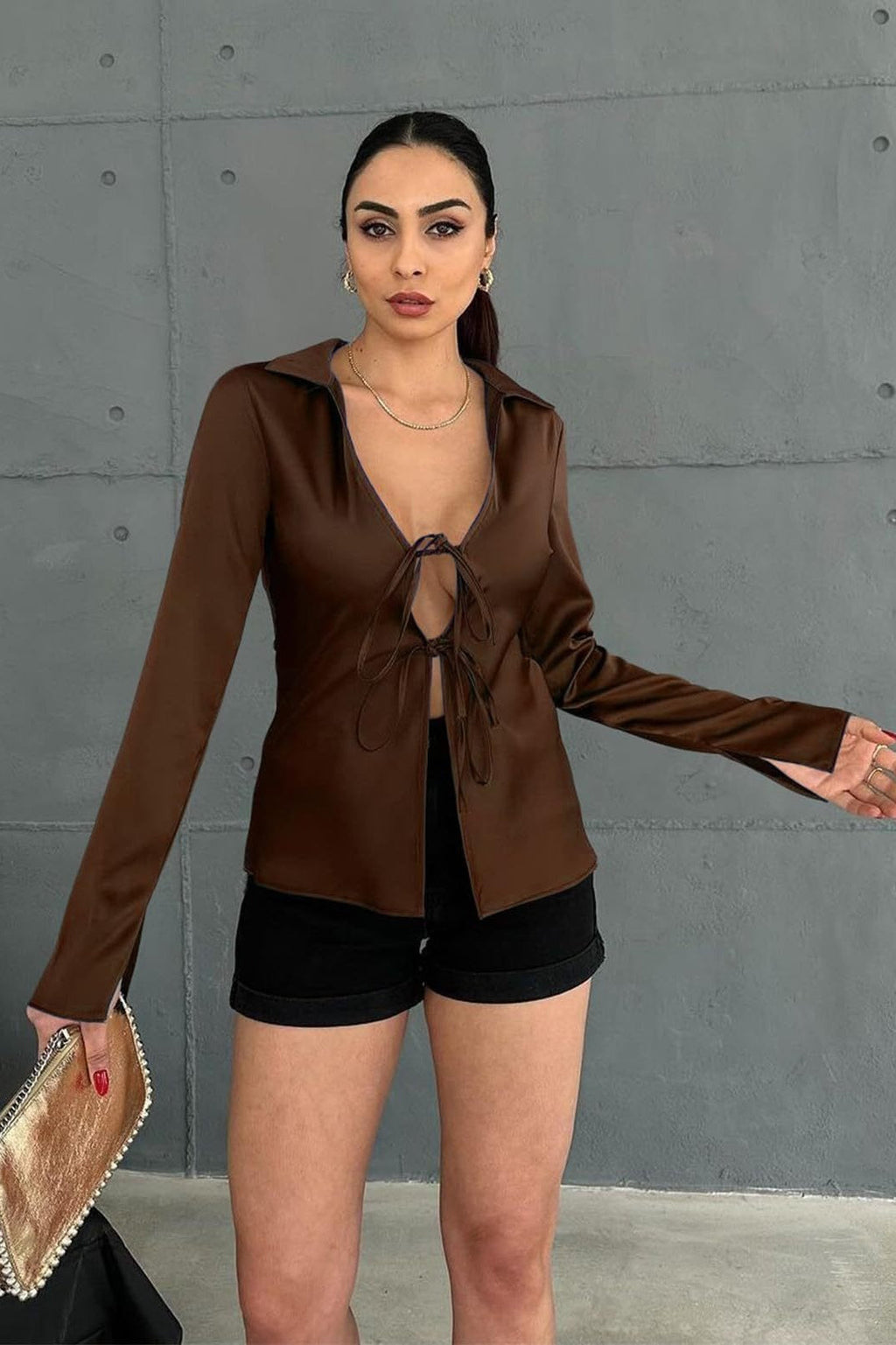 Satin Tie Front Fitted Blouse image 7