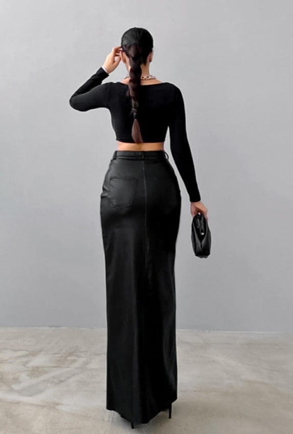 Khaki PU Leather High Waist Split Midi Skirt image 6