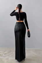 Khaki PU Leather High Waist Split Midi Skirt image 6