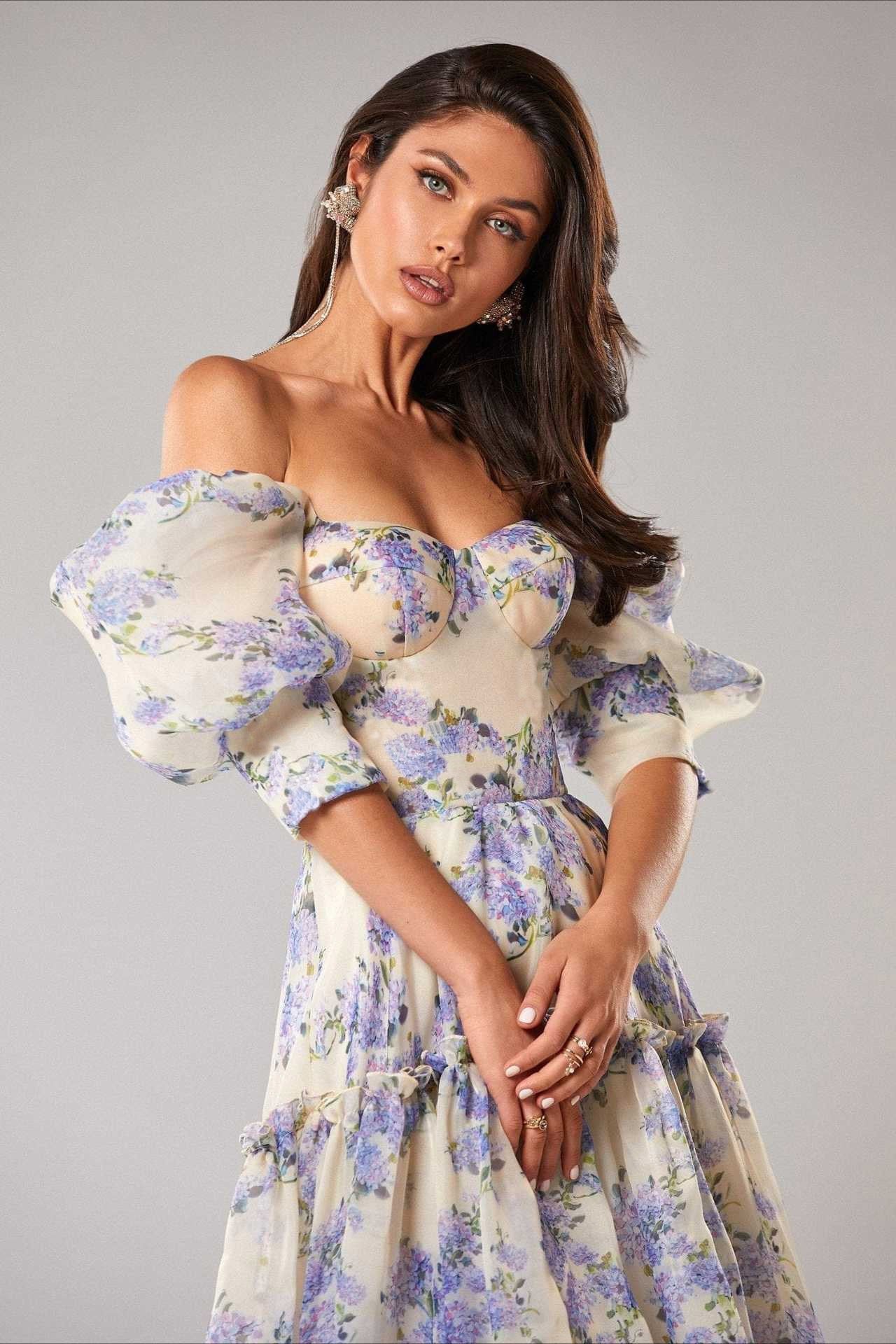 Floral Print Off Shoulder Puff Sleeve Organza Maxi Dress image 5