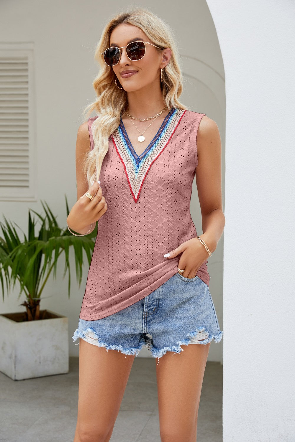Nicolette Eyelet Tank detail view styled for Avrienne