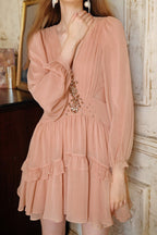 Elegant Deep V Cut Out Waist Rhinestone Chiffon Mini Dress image 5