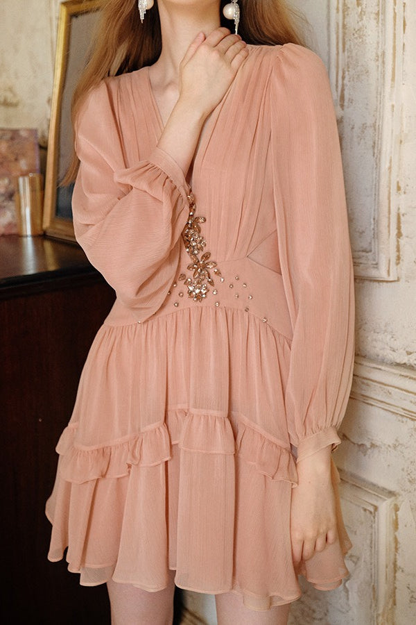 Elegant Deep V Cut Out Waist Rhinestone Chiffon Mini Dress image 5