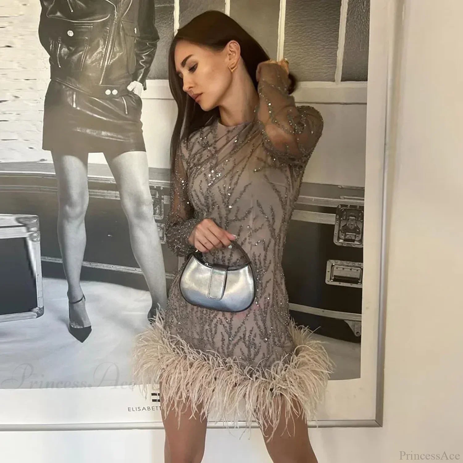 Feather Mesh Sheer Sleeve Party Dress image 7