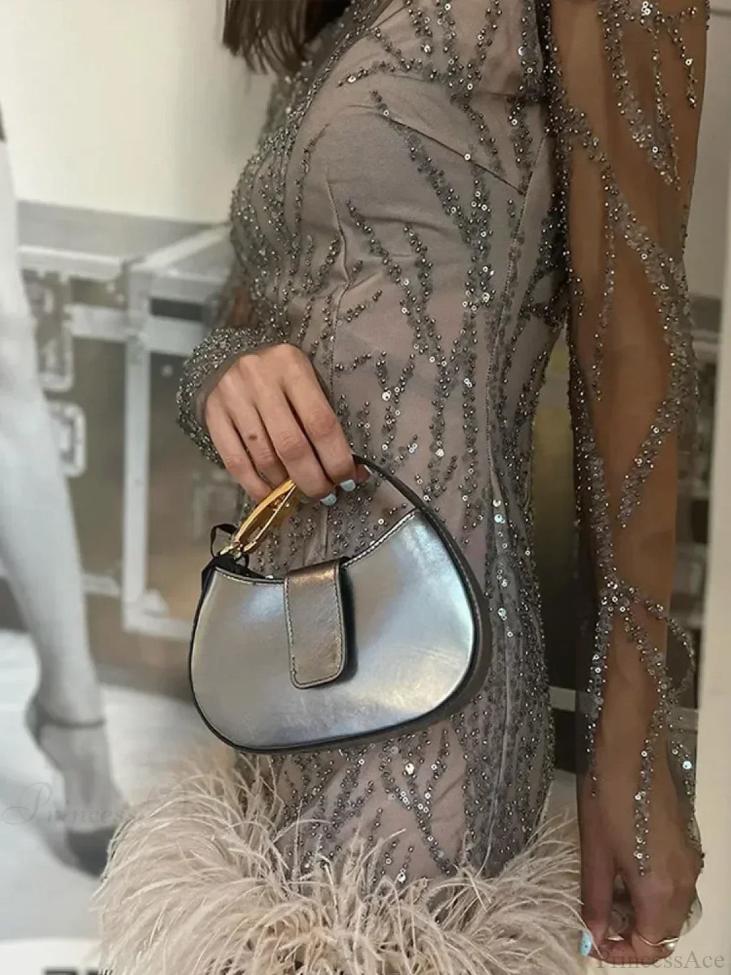 Feather Mesh Sheer Sleeve Party Dress image 6