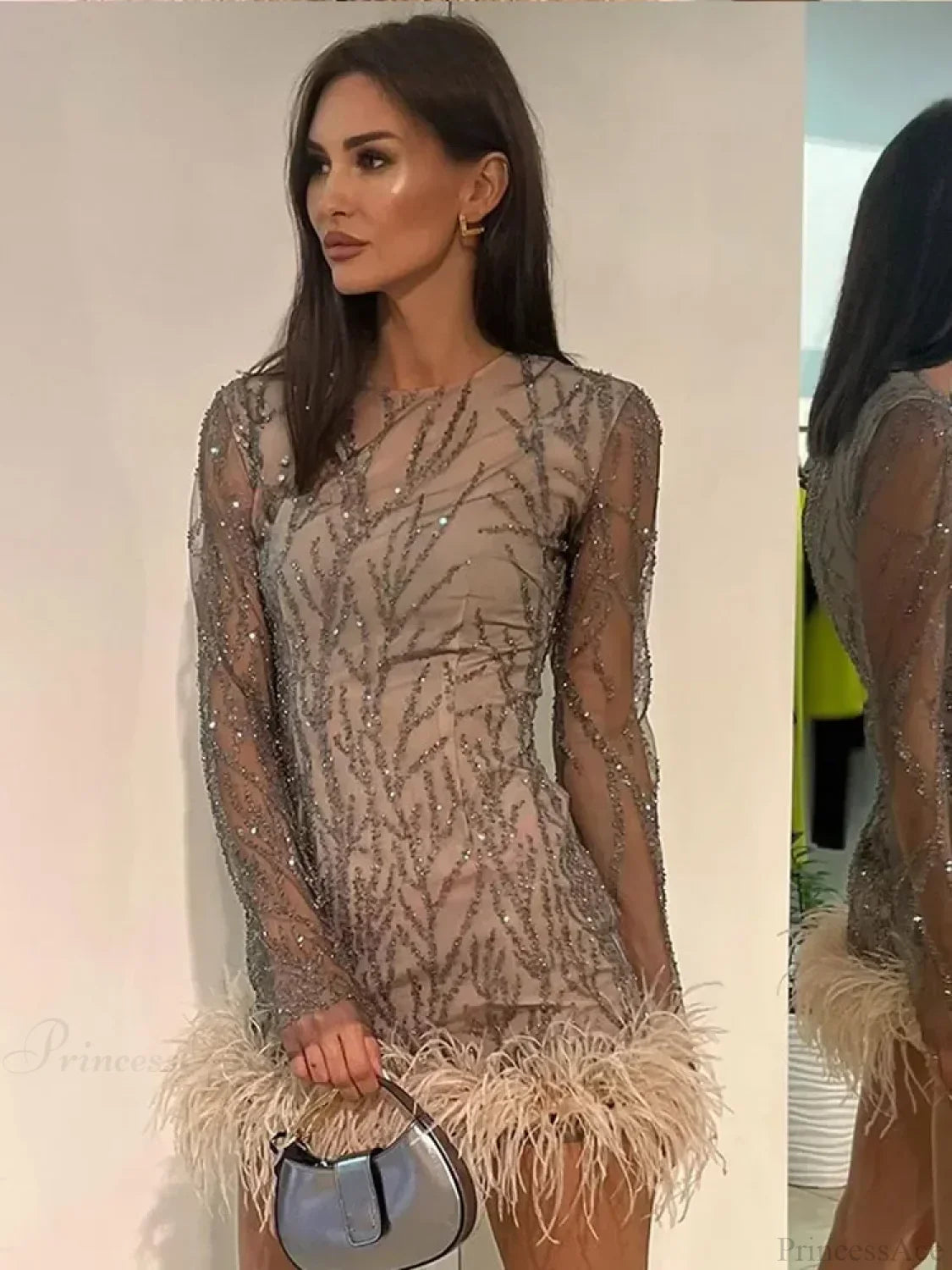 Feather Mesh Sheer Sleeve Party Dress image 2