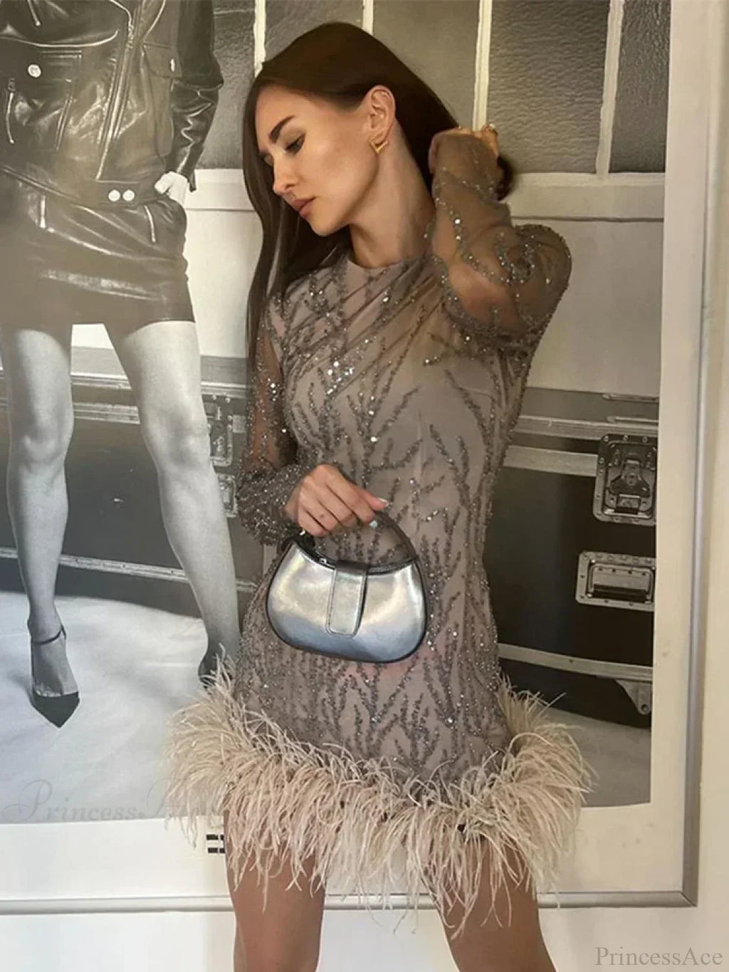 Feather Mesh Sheer Sleeve Party Dress image 3