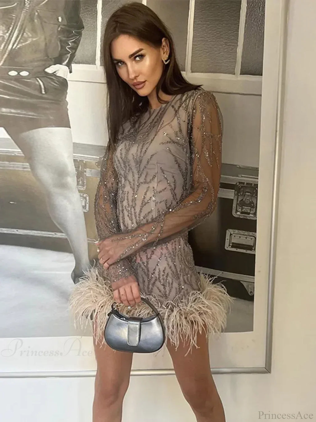 Feather Mesh Sheer Sleeve Party Dress image 1