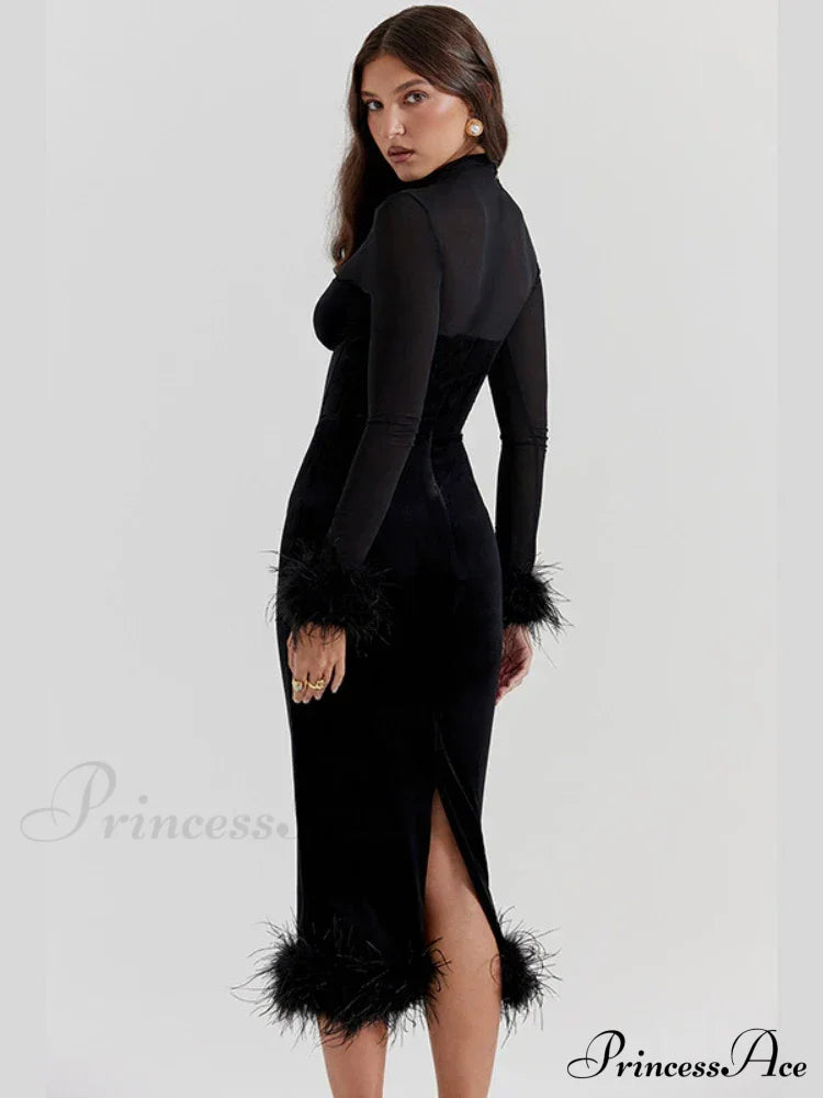 Feathered Retro Slim High Waisted Spliced Mesh Temperamental Female Midi Dress image 6