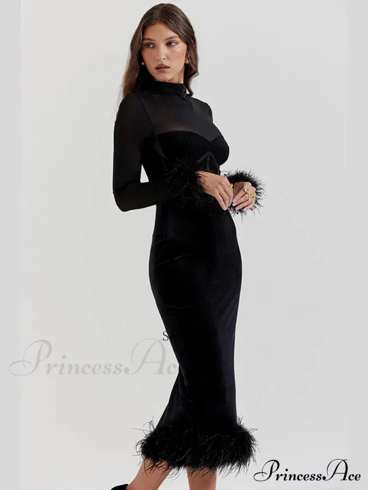 Feathered Retro Slim High Waisted Spliced Mesh Temperamental Female Midi Dress image 5