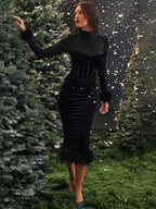 Feathered Retro Slim High Waisted Spliced Mesh Temperamental Female Midi Dress image 3