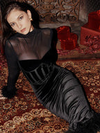 Feathered Retro Slim High Waisted Spliced Mesh Temperamental Female Midi Dress image 2