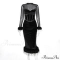 Feathered Retro Slim High Waisted Spliced Mesh Temperamental Female Midi Dress image 7