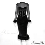 Feathered Retro Slim High Waisted Spliced Mesh Temperamental Female Midi Dress image 7