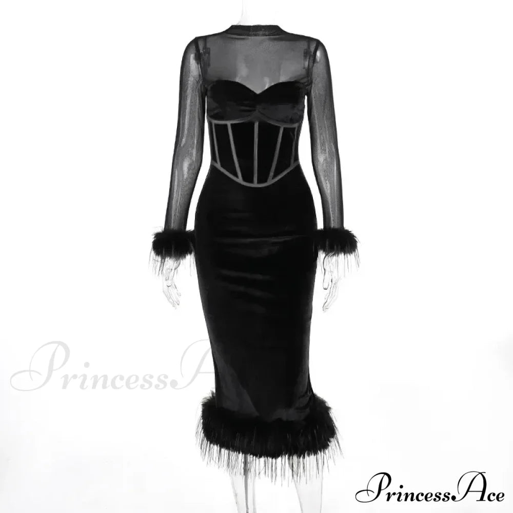 Feathered Retro Slim High Waisted Spliced Mesh Temperamental Female Midi Dress image 7