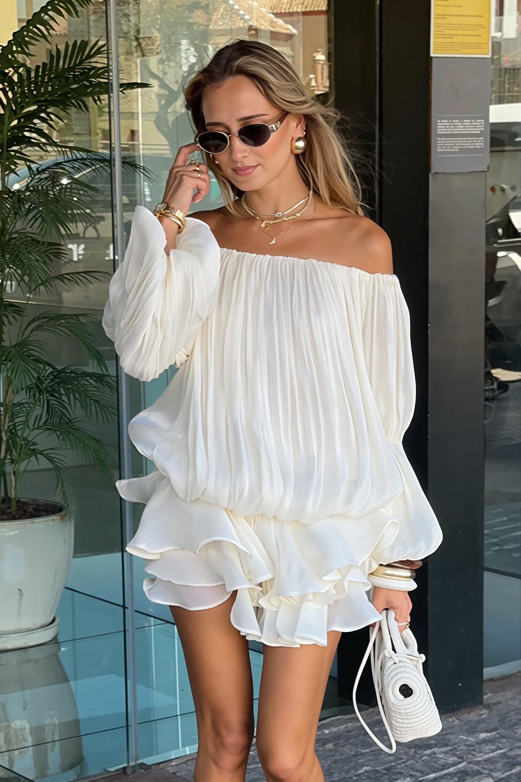 Off Shoulder Ruffle Shiny Fabric Mini Dress image 5