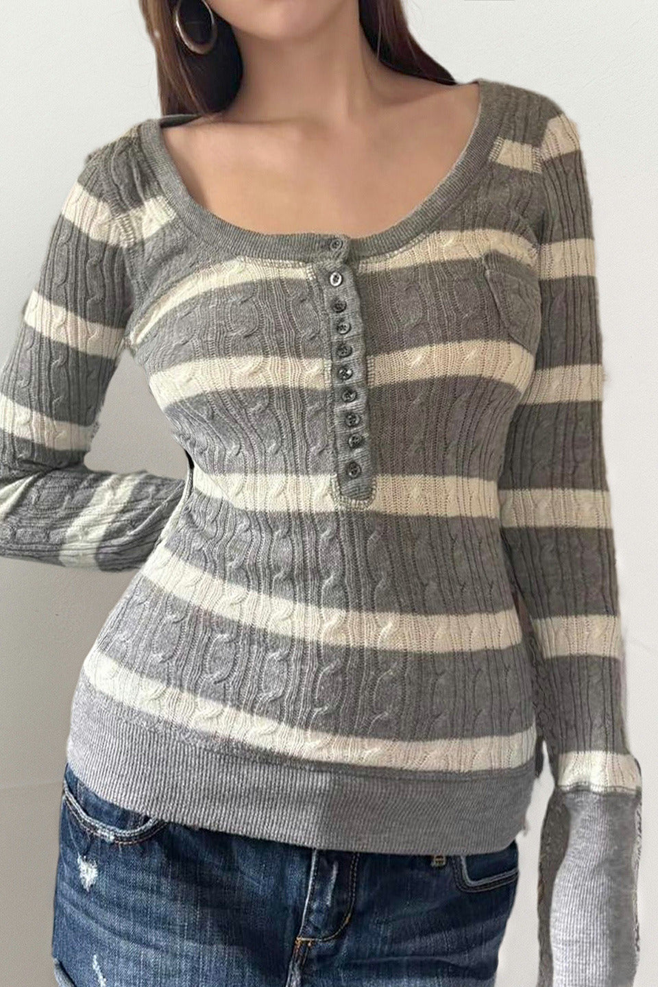 Cable Knit Striped Square Neck Sweet Knit Sweater image 3