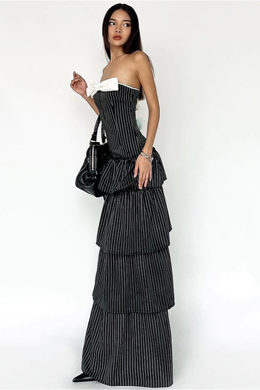 Sexy Striped Ruffle Hem Strapless Maxi Dress image 5