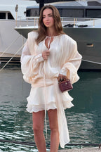 Chiffon Lantern Sleeve Tie Ruffle Mini Dress image 1