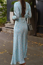 Collared Long Sleeve Satin High Waist Floral Dress image 4