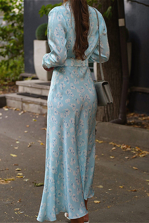 Collared Long Sleeve Satin High Waist Floral Dress image 4