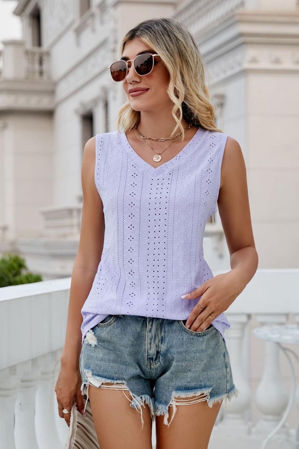 Gia Eyelet Tank styled for Avrienne