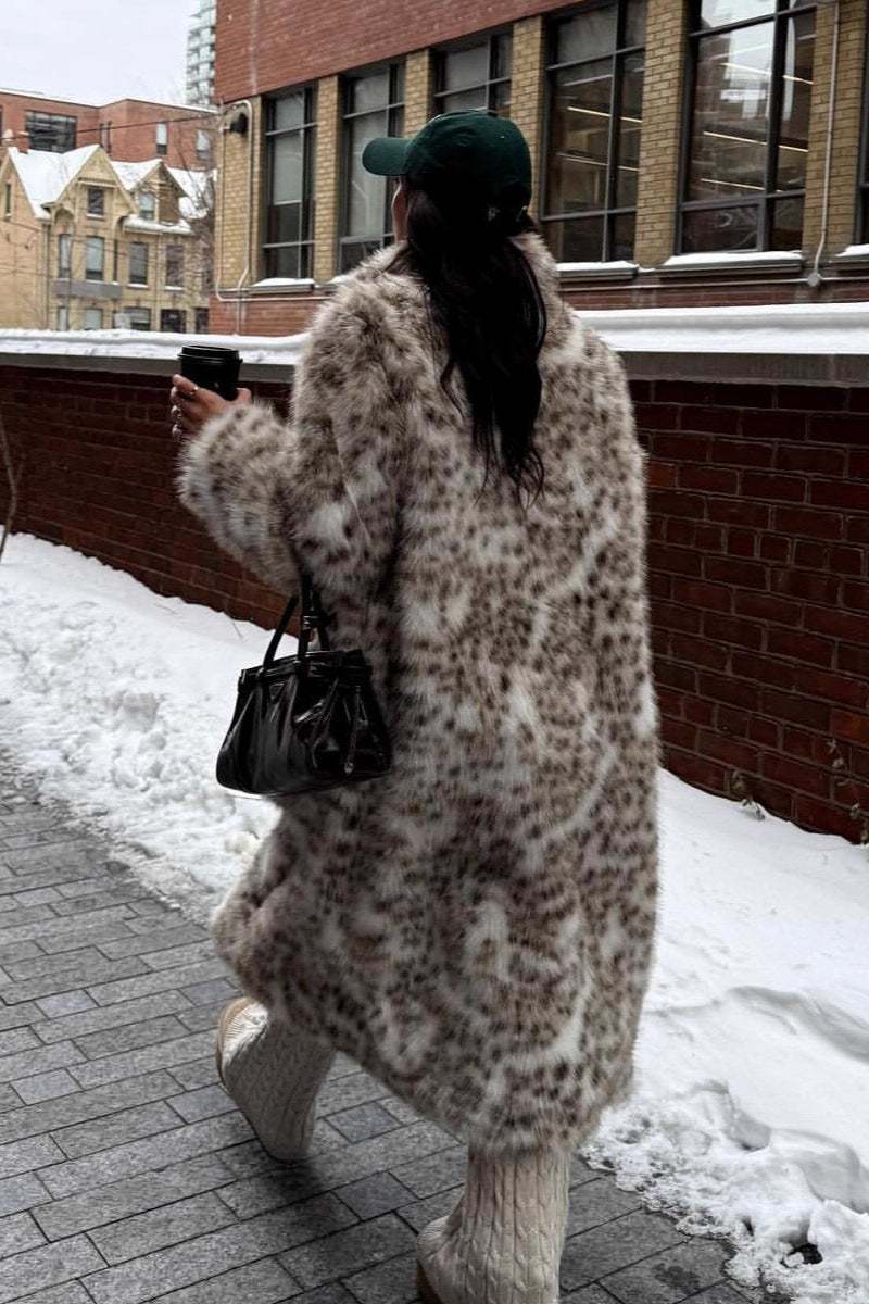 Leopard Print Faux Mink Fur Eco Long Blazer Collar Overcoat image 4