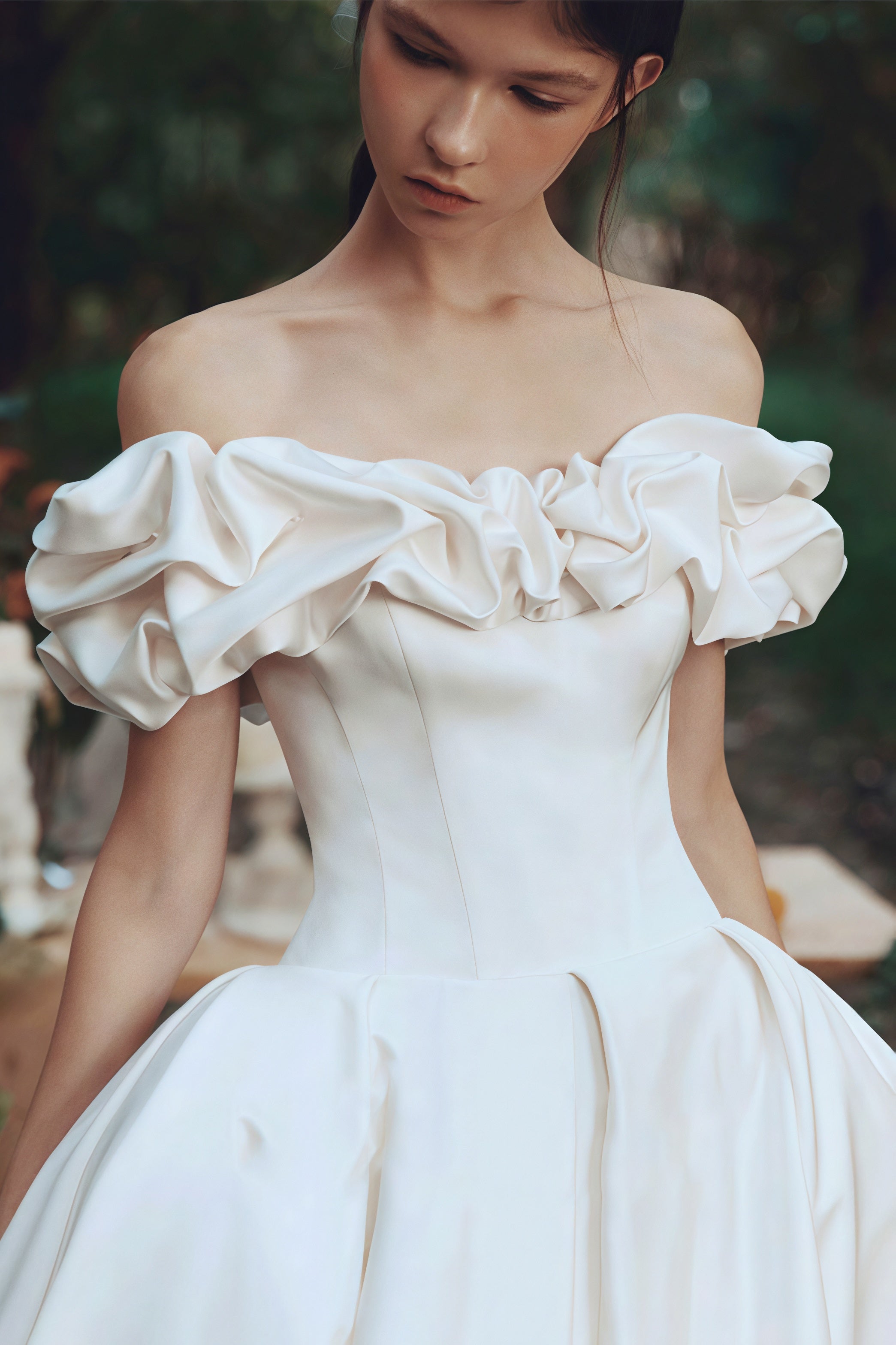 Simple Satin Off Shoulder Train Wedding Dress image 2