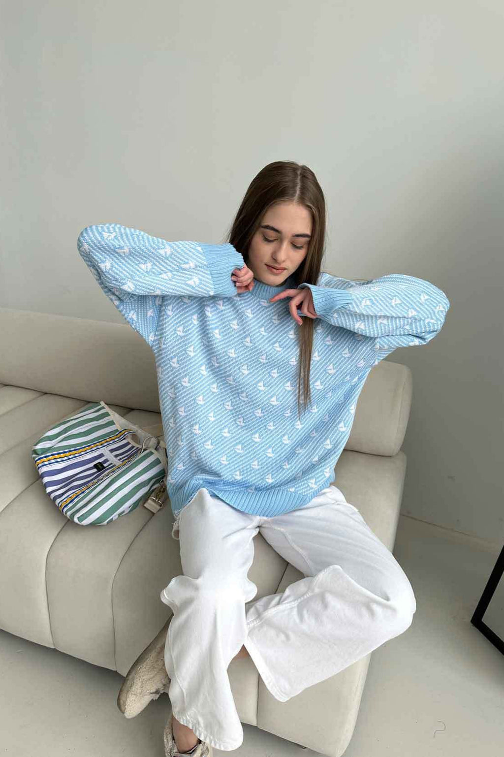 Sailboat Pattern Crew Neck Knit Sweater image 11