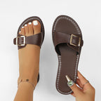 Emilia Buckle Sandals detail view styled for Avrienne