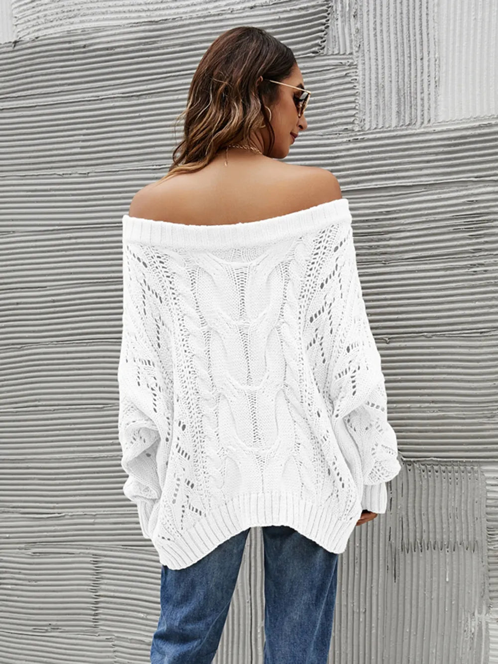 Sabine Off-Shoulder Sweater detail view styled for Avrienne