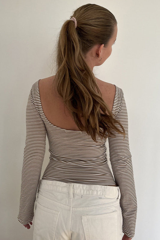 Basic Crew Neck Backless Striped Fitted Knit Blouse image 7