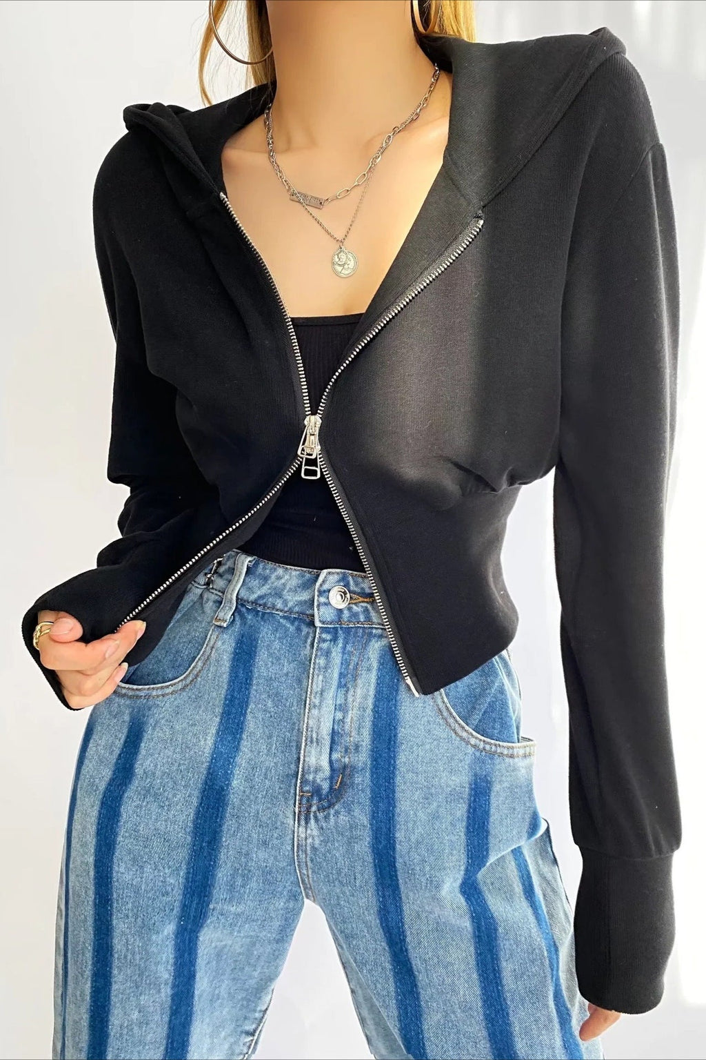 Solid Dual Zipper Slim Cropped Hoodie image 7
