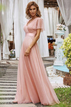 V Neck Mesh Elegant Ruffle Long Reception Dress image 8