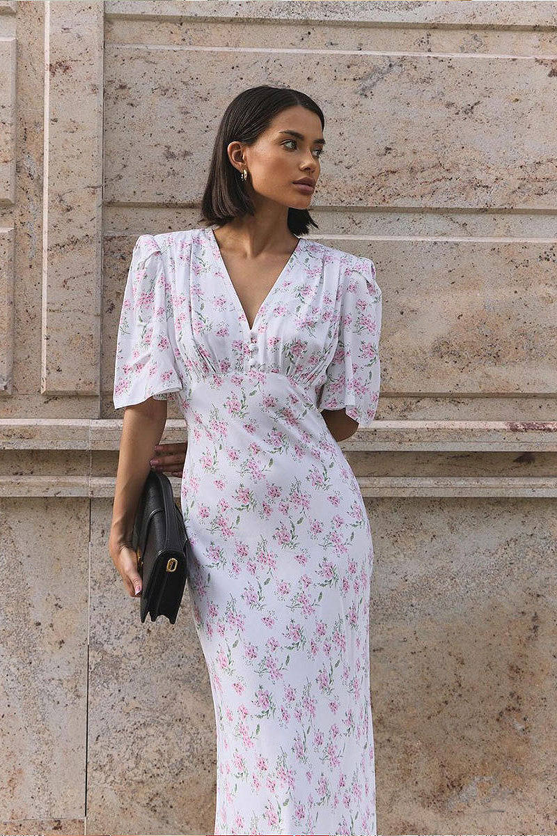 V Neck Fitted Shoulder High Waist Short Sleeve Floral Dress image 1