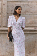 V Neck Fitted Shoulder High Waist Short Sleeve Floral Dress image 1