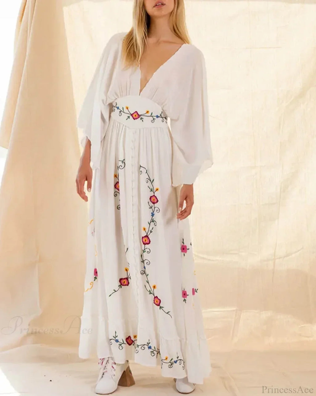 Flare Long Sleeve Deep V-neck Cotton Dress image 1